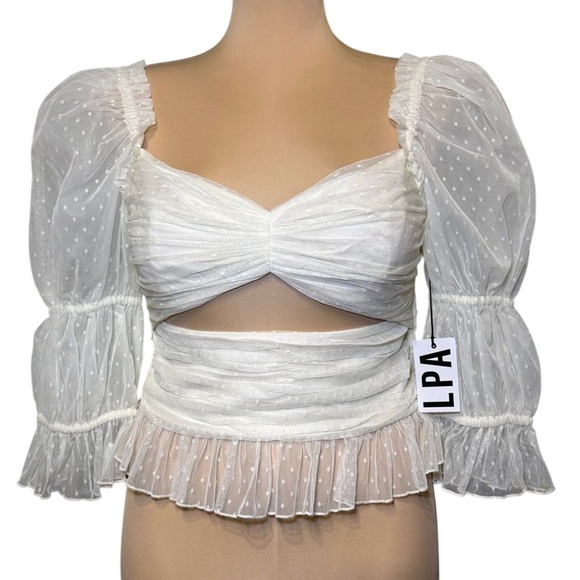 LPA Tops - LPA Dolores Top Ivory Cream Cut-Out Sheer Puff Sleeve Blouse Shirt Size XL NWT